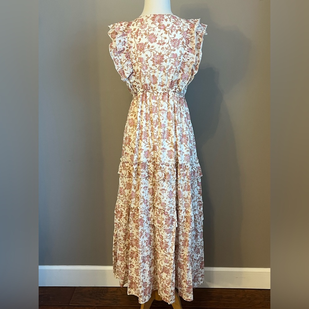 Japna Floral Ruffle Maxi Dress in Cream and Pink - Picture 7 of 9